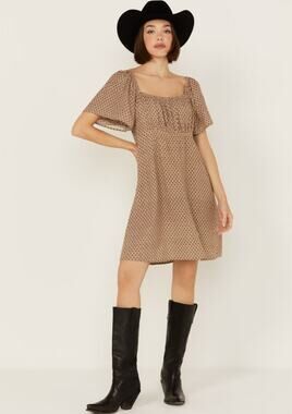 Cleo + Wolf Large Brown Geometric Smocked Babydoll Mini Dress Boho Rayon